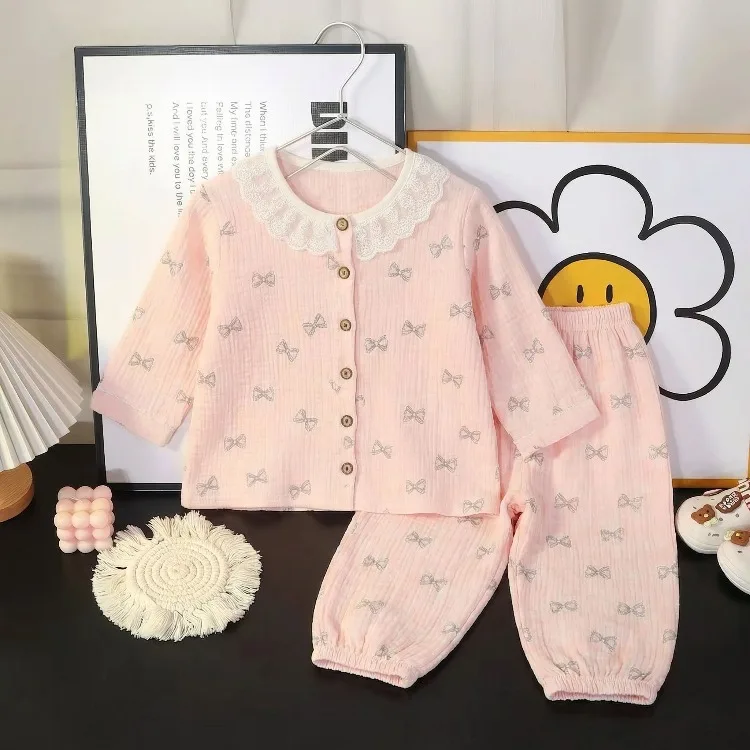 2026 Frühling Sommer Herbst Mädchen Mode Pyjama-Sets Elegante Spitze Weiche Bequeme Langarm Hauskleidung Set Kinder Schlafanzüge – Detail 4