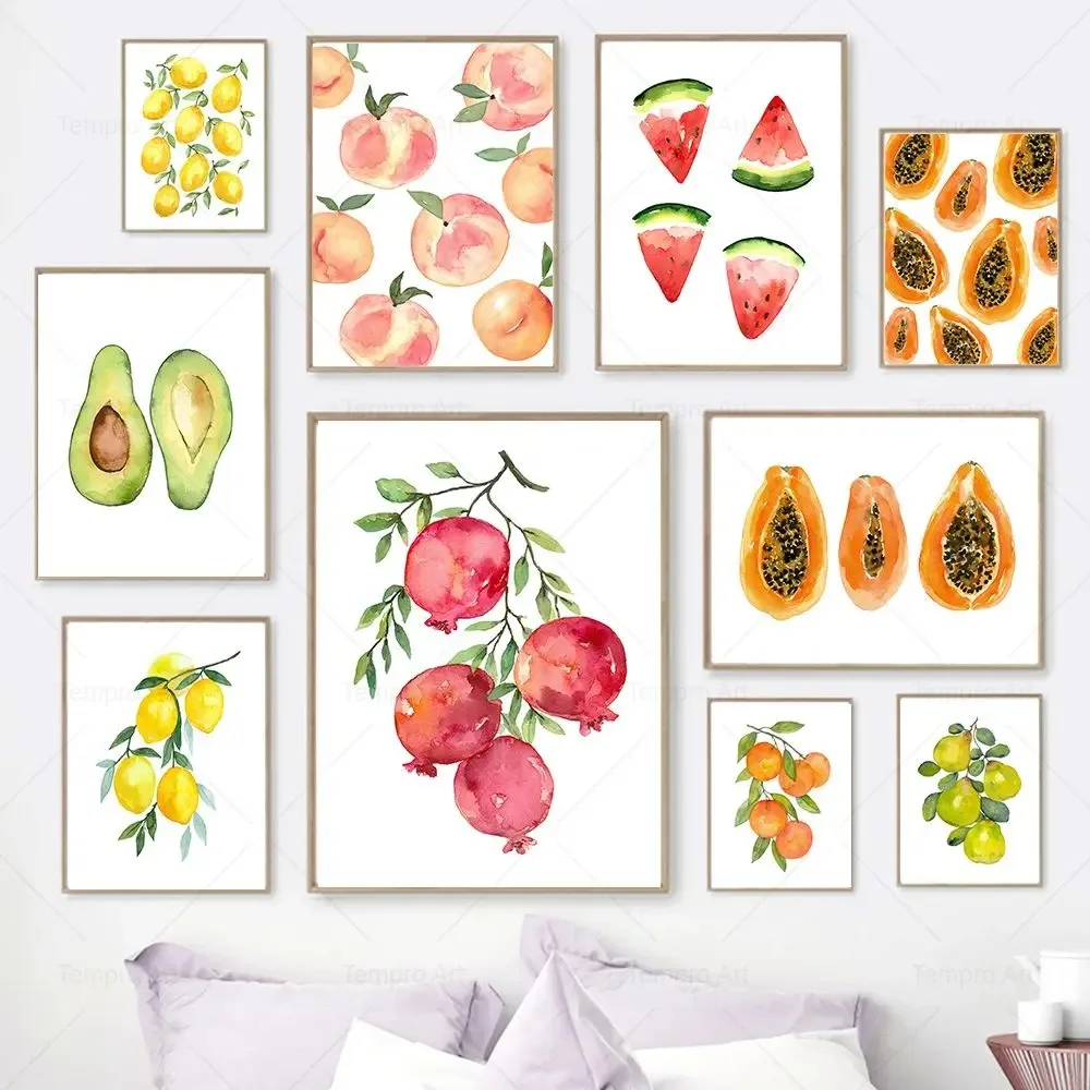 Fruit Poster Watercolor Avocado Lemon Watermelon Peach Papaya Wall Art Canvas Painting Nordic Prints Picture Kitchen Home Decor