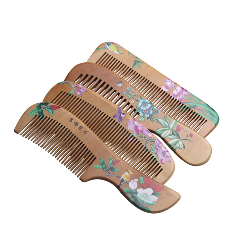 1Pc Peach Wood Comb Flower Painted Anti-Static Natural Head Massage Comb Hair Styling Tools For Gift Handmade Wooden Hair Comb