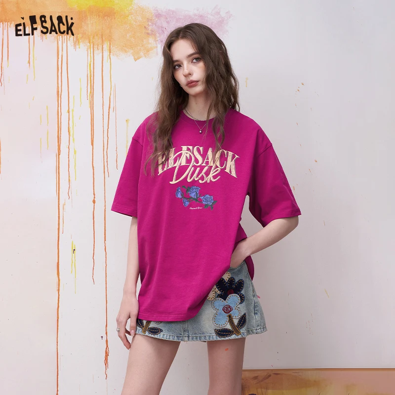 

ELFSACK Women's Purple Oversized T-Shirt with Blue Rose Graphic, Vintage Letter Print Short Sleeve Tee, Chic Aesthetic Top