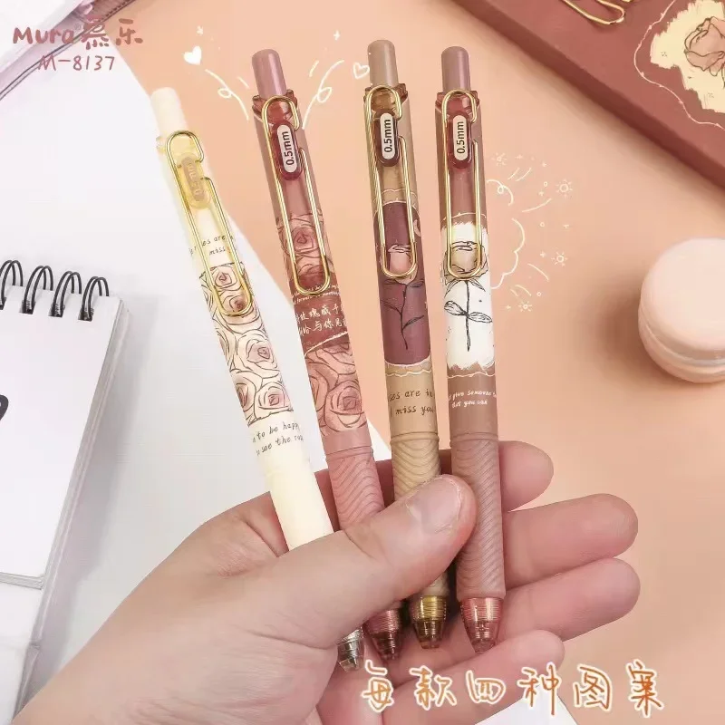 

New 4Pcs/Set Kawaii illustration Rose flower Black ink Gel Pen Student Stationery School Office Supplies Kids Birthday Gift