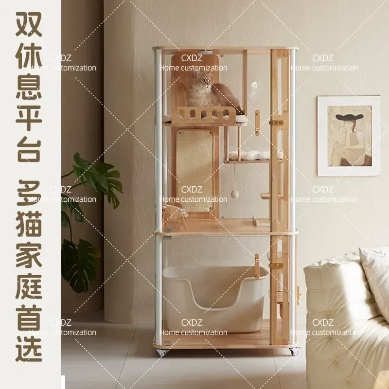Liwu Xingyu series solid wood panoramic cat villa can put automatic cat litter box tempered glass wooden indoor cat litter