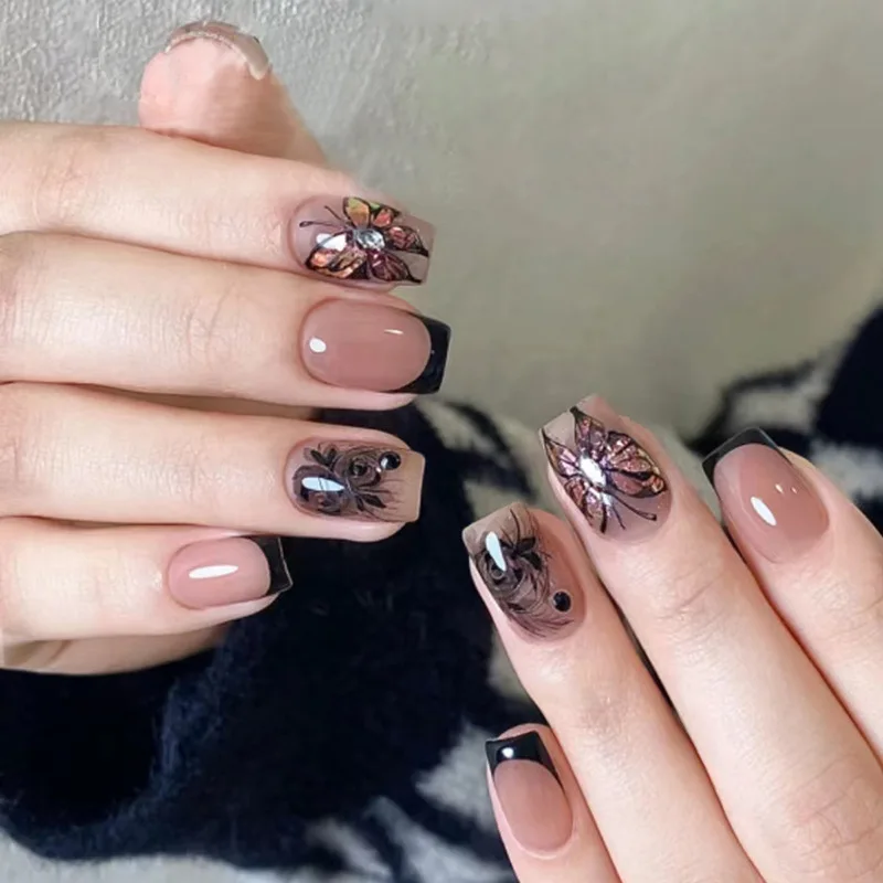 24pcs Black French Press on Nails Short Square Head False Nails with Glue Florals Designs Ballet Wearable Sticks on Nails Jelly