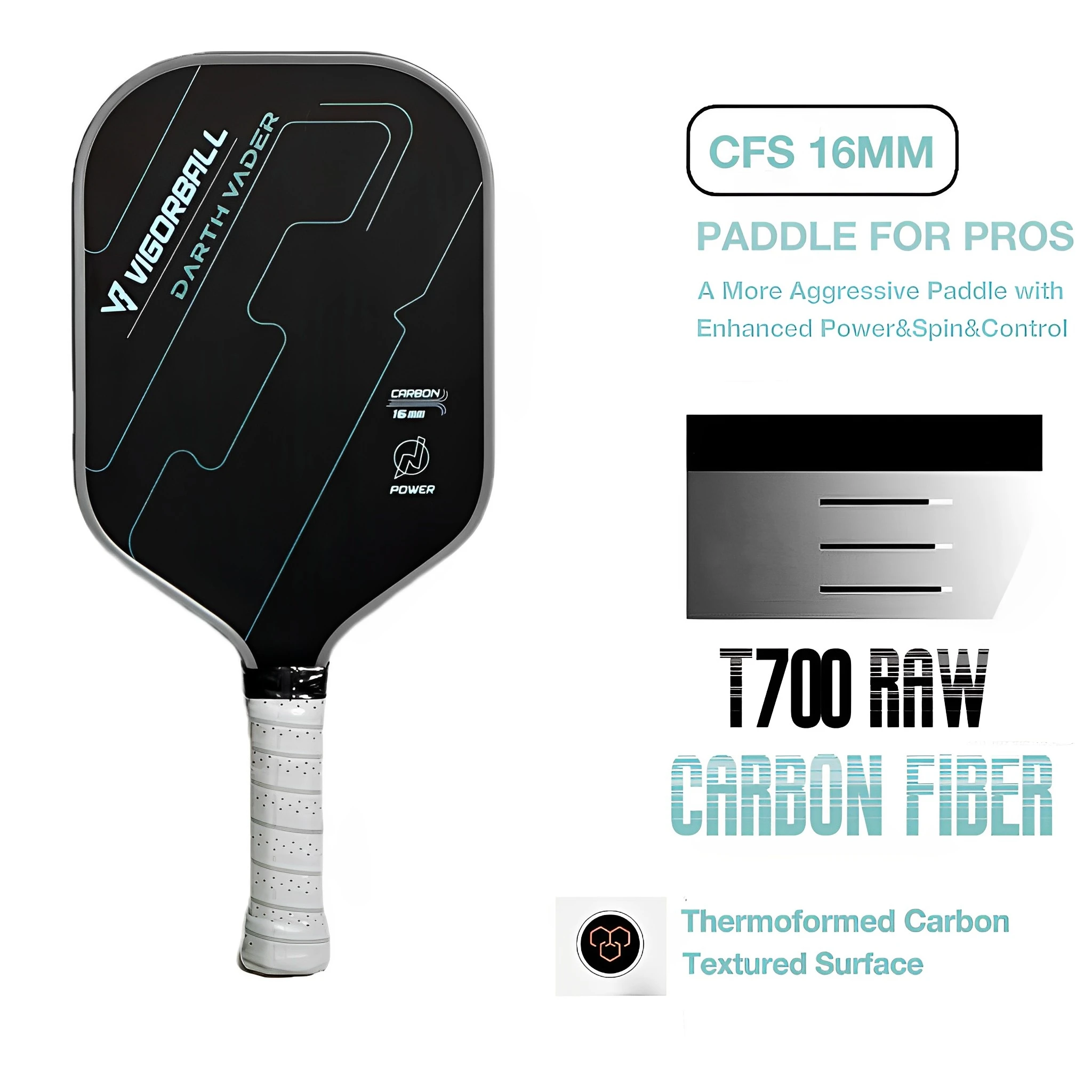 Paleta Pickleball de fibra de carbono T700 para Pros, superficie de fricción de carbono, núcleo de panal de polímero, potencia mejorada, giro y