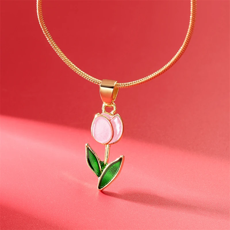 Fashion Unique Design Elegant Delicate Enamel Tulip Necklace Light Luxury Clavicle Chain For Women Trendy Jewelry Party Gift