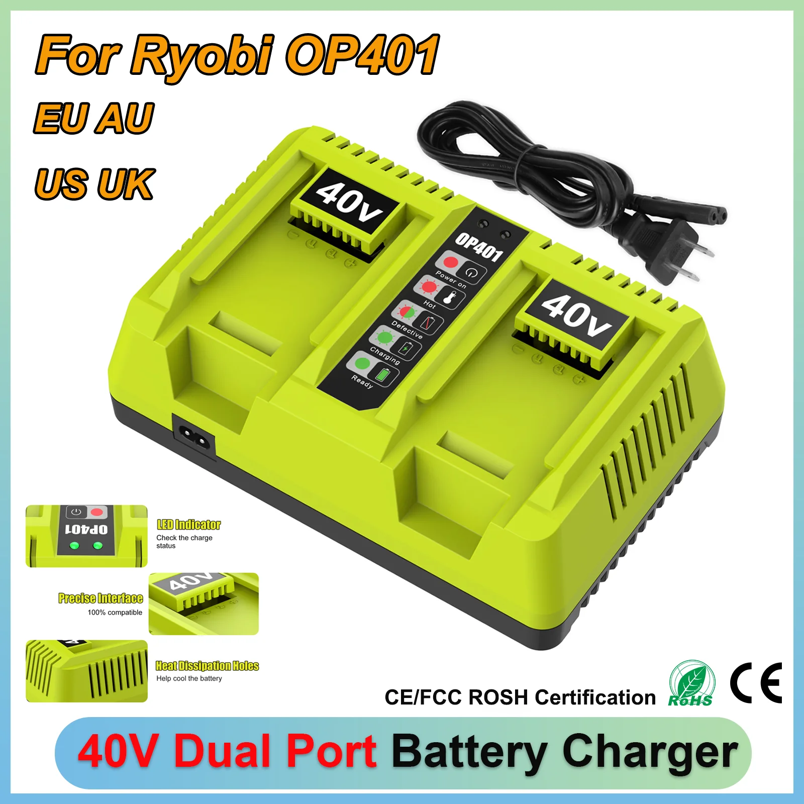 

OP401 Dual Port Power Tool Battery Charger for Ryobi 40V OP4060 Replacement Lithium Battery Charger OP4015 OP4026 OP4040 OP4050