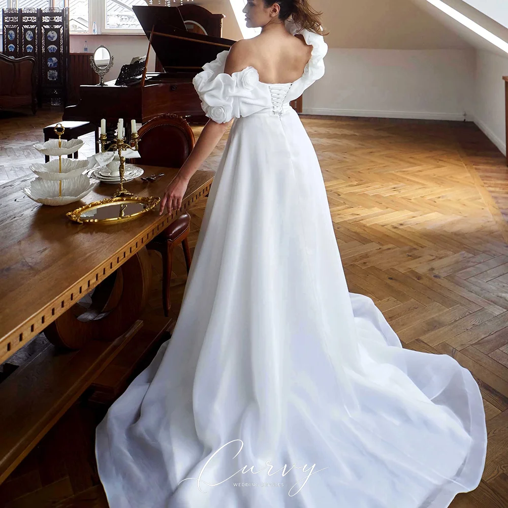 Curvy Modern A‑Line Wedding Dresses for Women Off‑Shoulder Ruffle Floral Detail High Slit Bridal Gown Lace‑Up Back Long Train