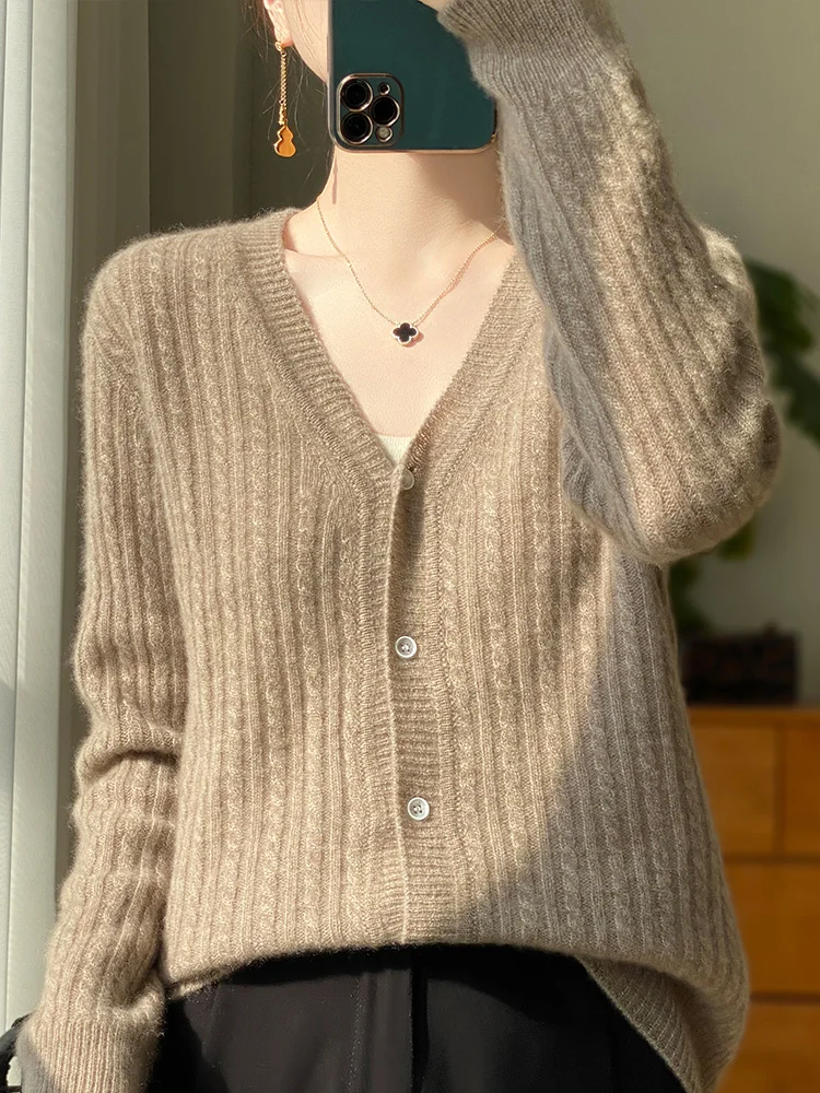 Cashmere Knitted 100% Merino Wool Fashion Long sleeved Top V-neck Cardigan Sweater Spring New Release