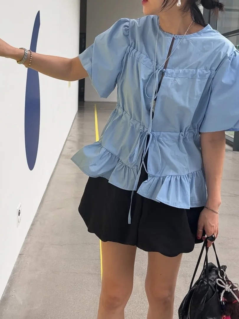 

Slimming Korean Sle Women's irt 2025 Summer New Faion Lantern Bubble Sve Top Agel Personali Ladies' Blouse