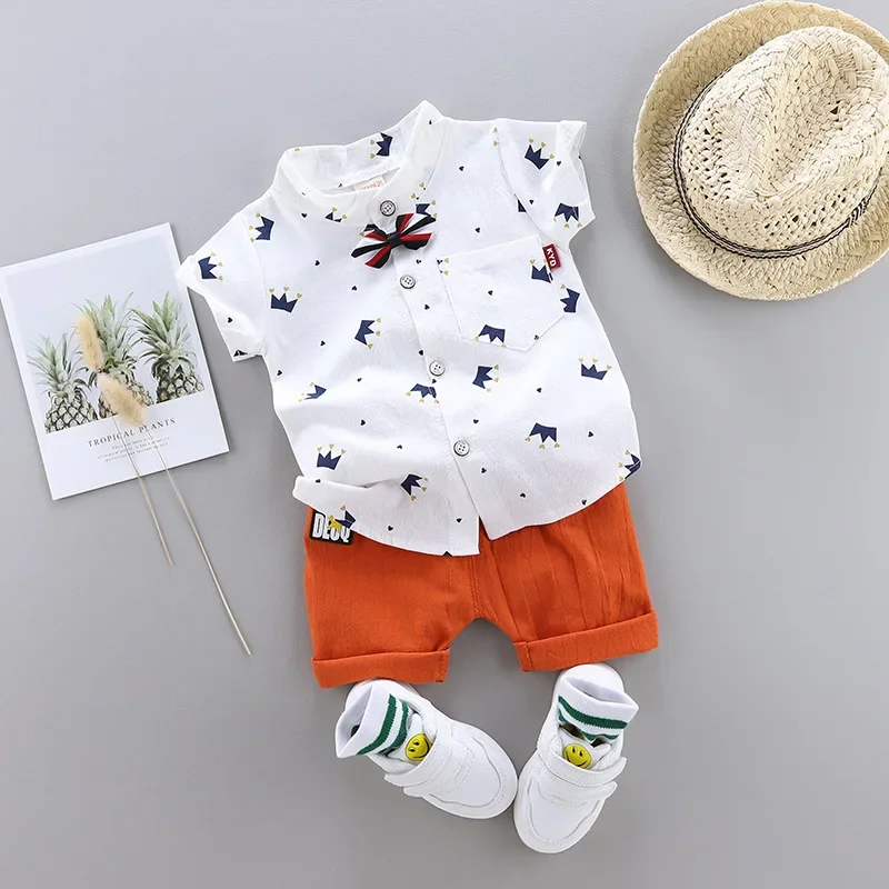 IENENS Boys Bow Clothes Sets Short Sleeve Shirts + Shorts Suit Summer Toddler Crown Pattern Clothing Outfits Kids Party Wear