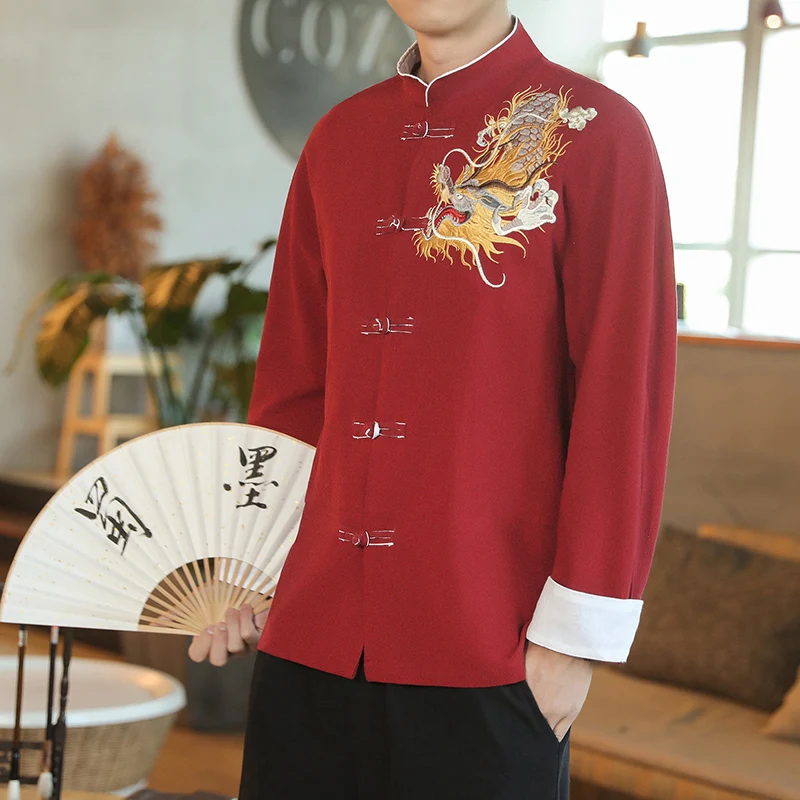 Men Shirts Kungfu Tai Chi Long Sleeve Chinese Style Golden Dragon Embroidered Retro Linen Cardigan Tang Suit Men Traditional Top