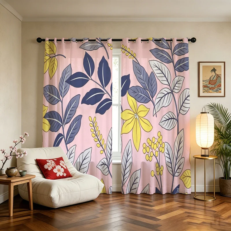 2Pcs Polyester Curtain Set,Machine Washable,Easy Hanging & Installation,85% Light Blocking,Green Tropical Leaves Print
