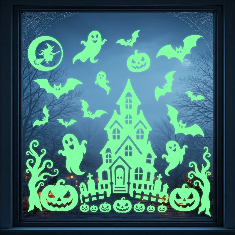 Glow in the Dark Halloween Window Clings Ghost Haunted House Tree Witch Pumpkin Bat Removable Luminous Window Stickers