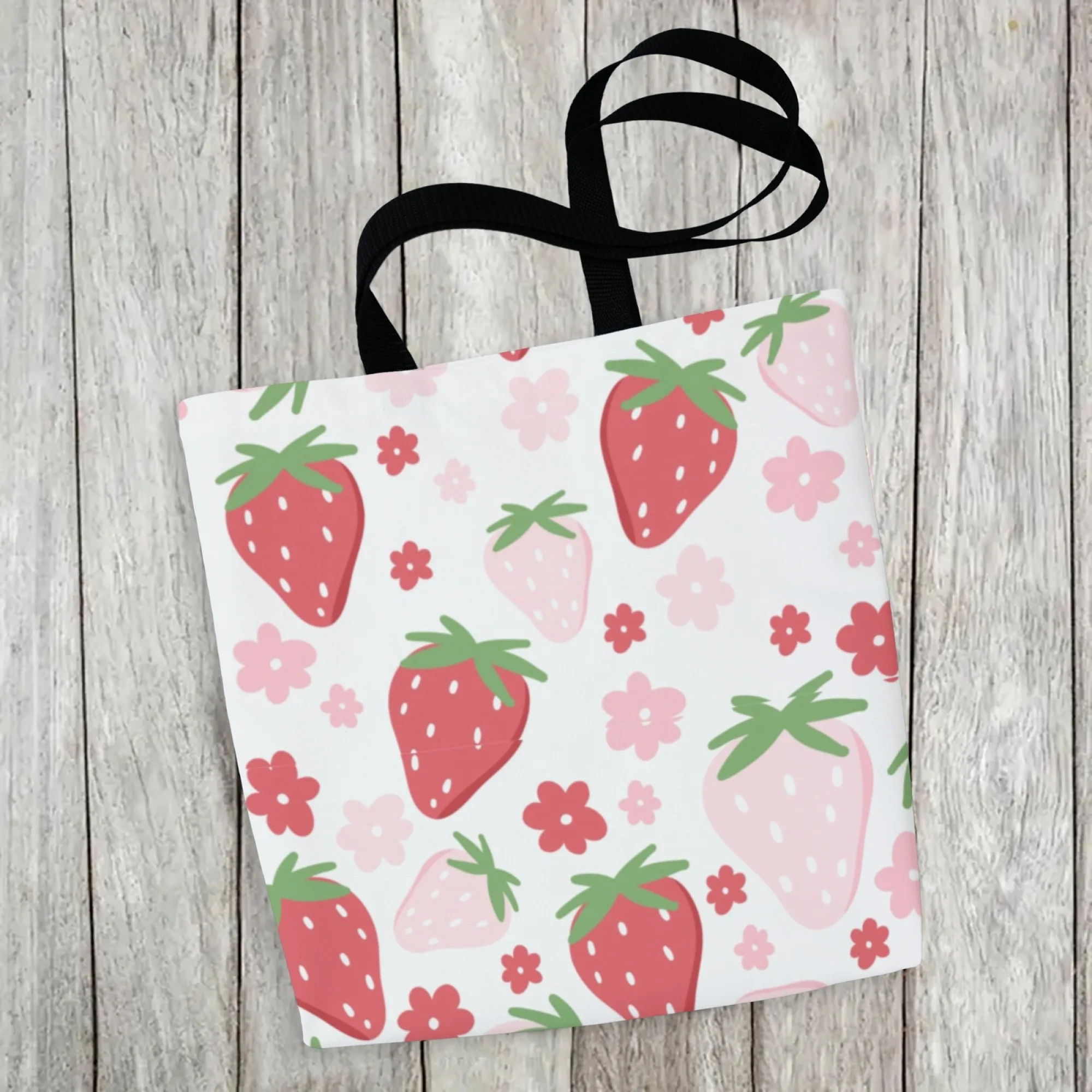 الفراولة الأزهار و Kawaii قماش المرأة حمل حقيبة الفاكهة زهرة موضوع حقيبة تسوق قابلة لإعادة الاستخدام مثالية للأغذية لطيف نمط المشجعين #1