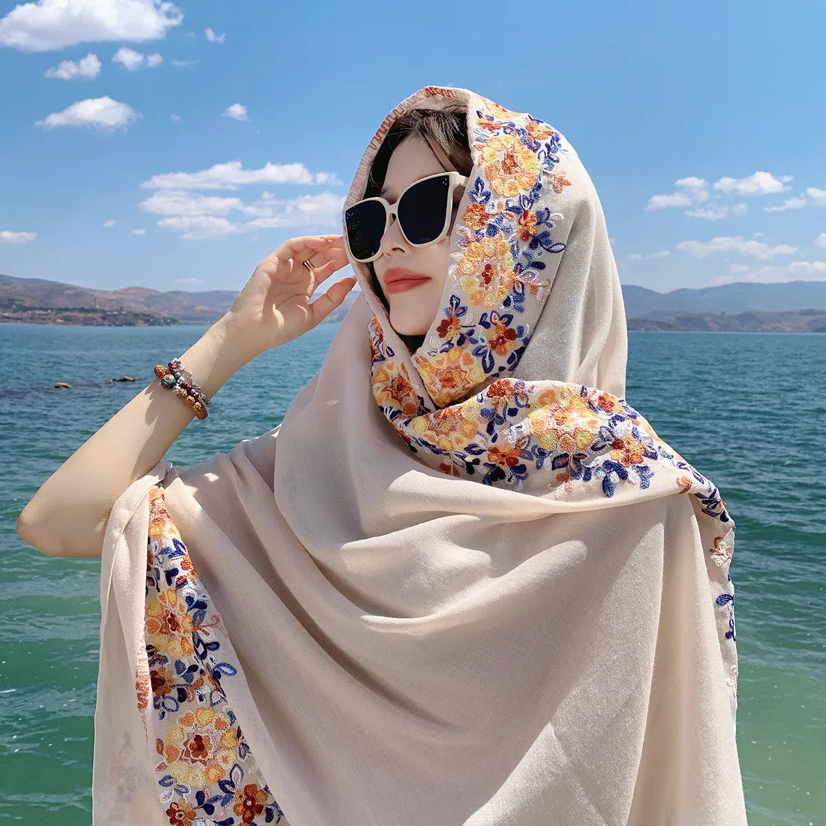 エレガントな薄手のシルクスカーフショール-レディース-春夏秋-旅行-バケーション-アウターウェア-肩保護-二役スカーフ