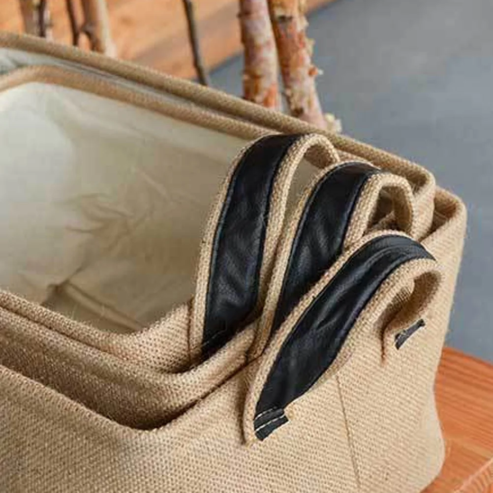 

2Pcs Jute Storage Basket Handles Portable Organizer Sundries Box Home Office Supplies Small Size Jute Storage Basket