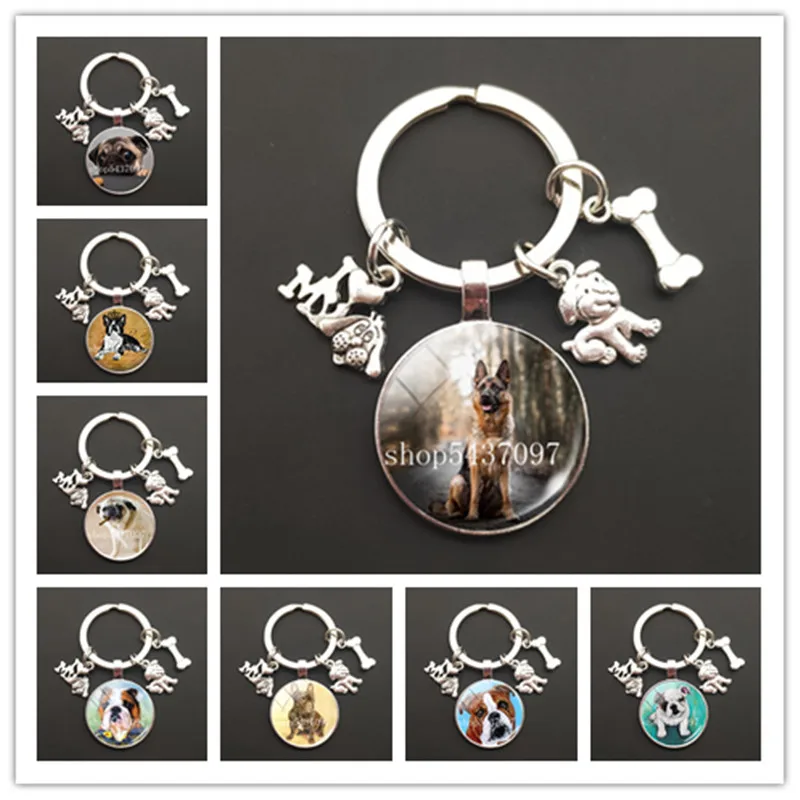 Cartoon dog Lovely Pet pomeranian Pug collie round glass cabochon keychain Bag Car key chain Ring Holder Charms keychains Gifts