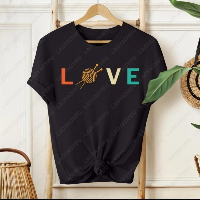 Colorful Knitting Rinted Adult Cotton Tshirts Minimalist Love Graphic Unique Tee Gift for Crafters Ideal for Cozy Crafting Days