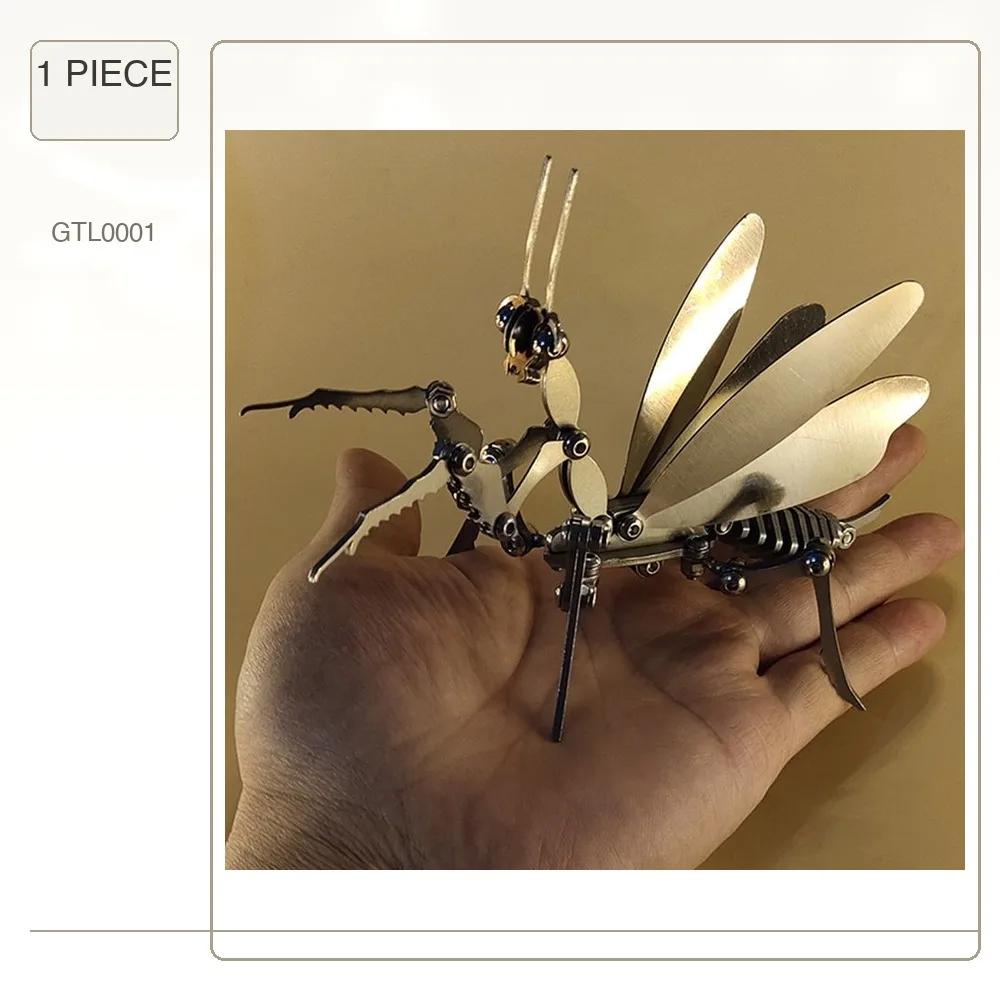 3D Metal Assembly Model Steel Mantis Metal Toy Assembly Model Stainless Steel Static Craft Gift Ornament- Finished Product