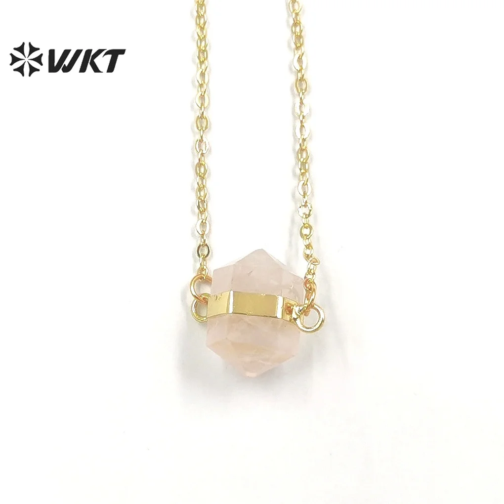 WT-N1379 WKT Gold plated resist tarnishable tiny charm stone pendant necklace fashion lady energy double point hexagon necklace