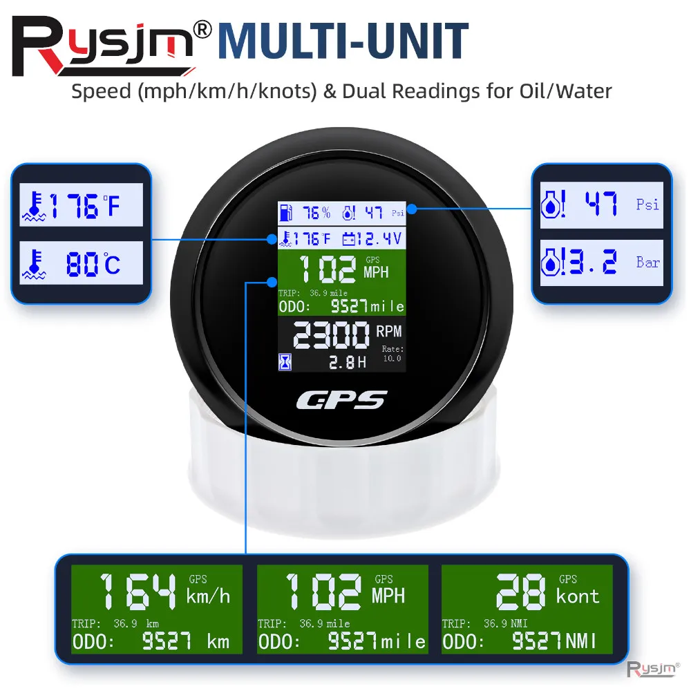 85MM 6 IN 1 Gauge GPS Speedometer/Tachometer/Fuel/Oil Press/Temp/Volt Gauge LCD Display Car Gauge With Odometer for Boat 9-32V