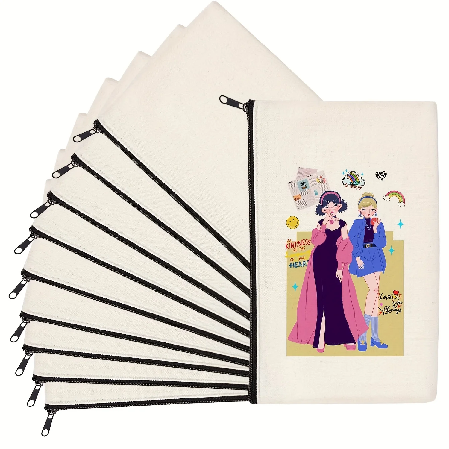 10pcs Blank Canvas Zipper Pouches for DIY Craft Projects, Heat Transfer & Sublimation Ready Pencil and Storage Bags