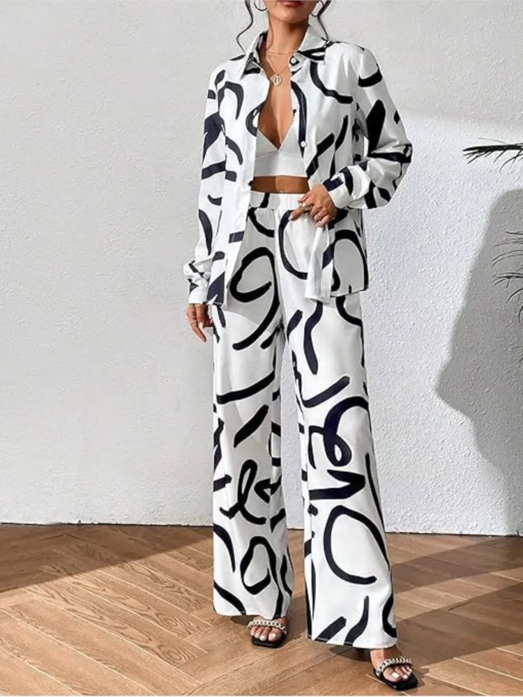 Autumn New Printed Two Piece Set For Women Long Sleeve Casual Shirts Wide Leg Pant Sets Fashion Sports Style 2 Piece Sets Outfit