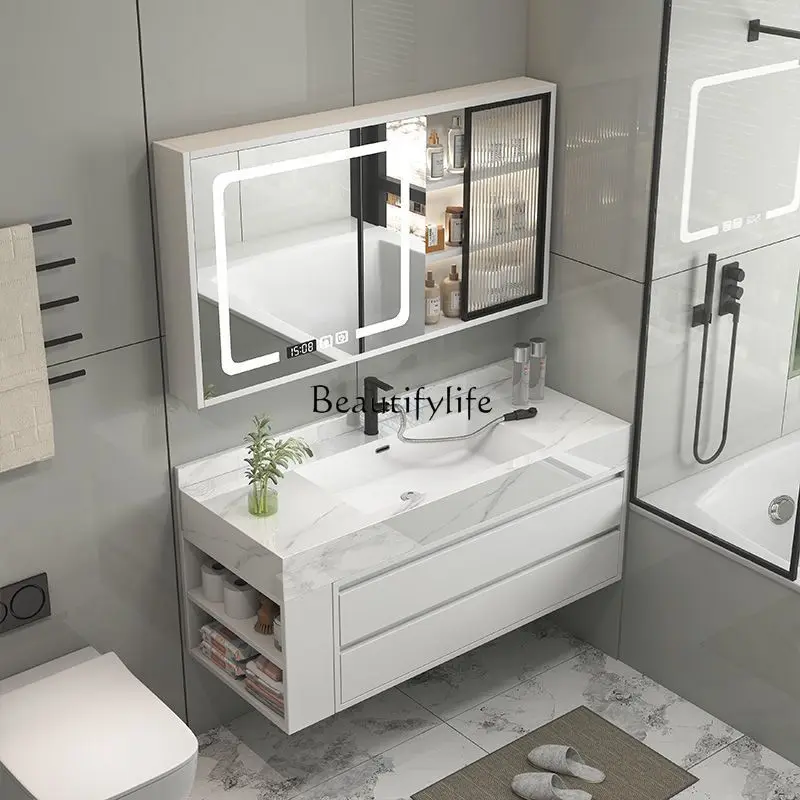 

Bathroom cabinet combination rock slab seamless ceramic integrated basin, bathroom side cabinet, washstand, sink
