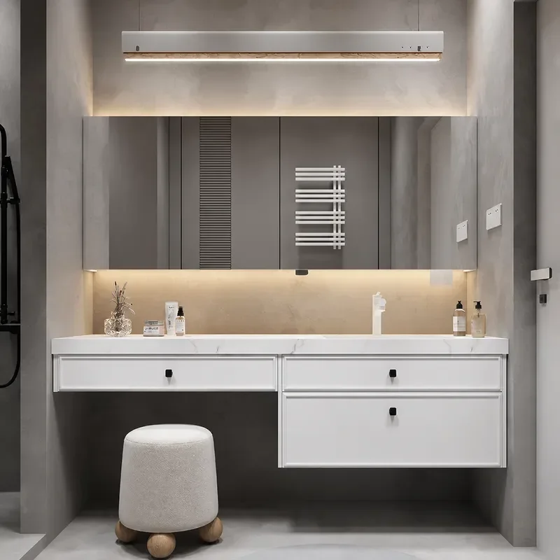 Modern Simple Rock Slab Bathroom Cabinet with Integrated Oak Vanity and Washbasin Dressing Table Combination Unit