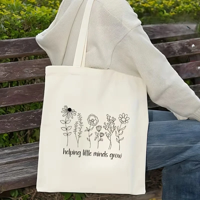 Aesthetic Floral Tote Bag Lightweight Grocery Shopping Bag Casual Canvas Shoulder Bag for School Travel Picnics and Parties