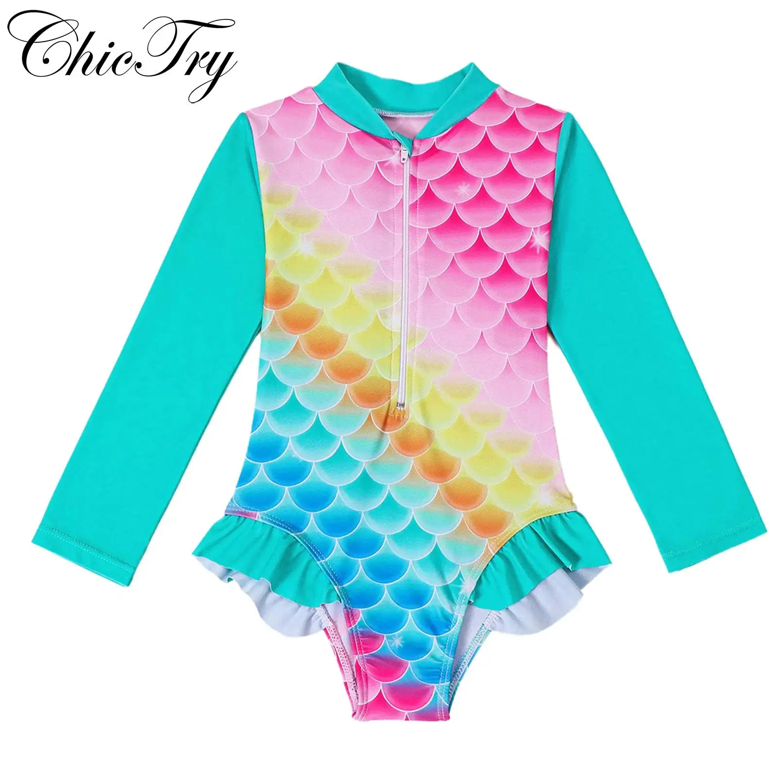 

Kids Girls Swim Leotard One Piece Mermaid Swimsuits Long Sleeve Rash Guard Scale Printed Tie Dye Sun Protection Bathing Suit