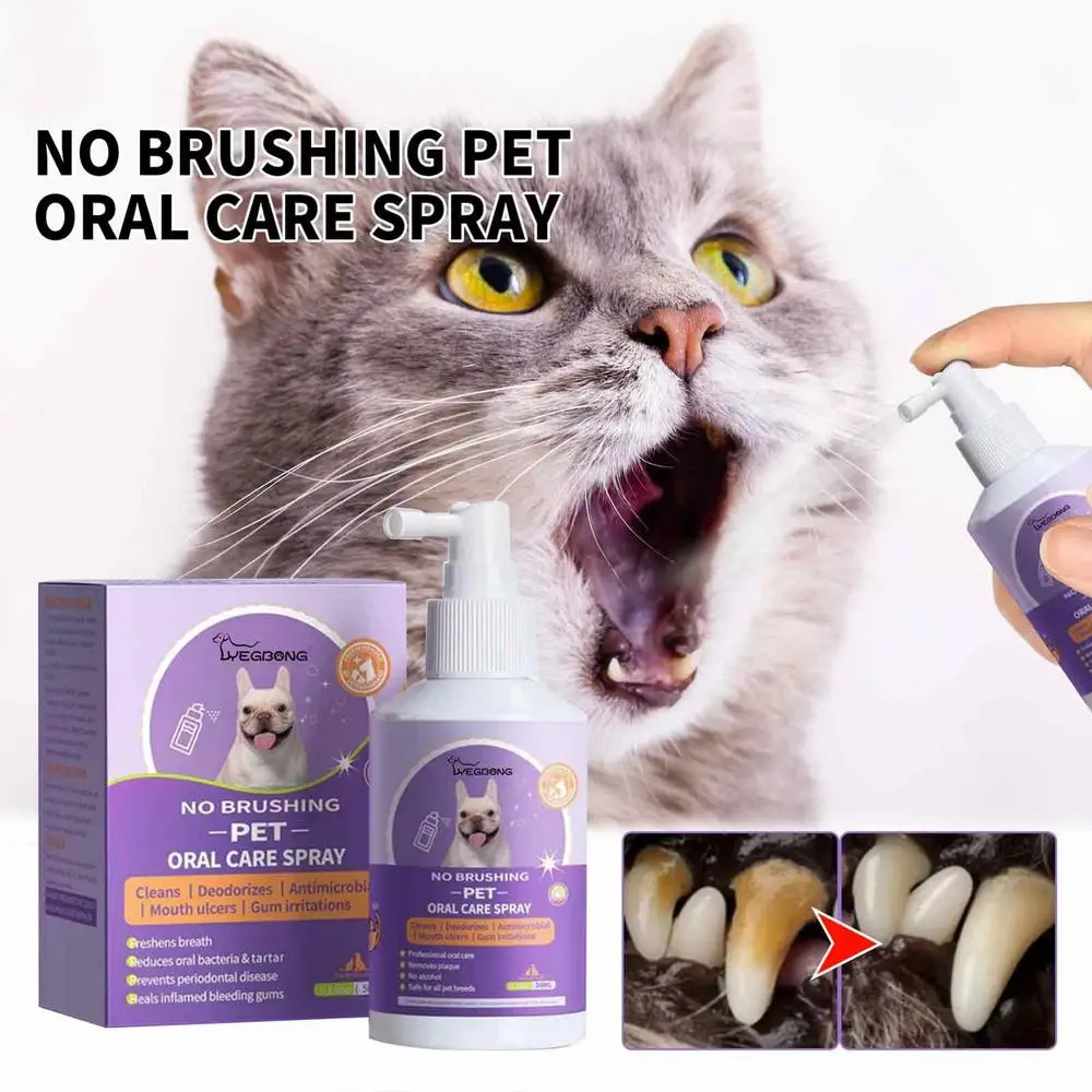 50ml Spray do oczyszczania jamy ustnej dla psów świeży czyste zęby dezodorant zapobiegający usunięciu kociaka nieświeży oddech artykuły dla zwierząt do ust