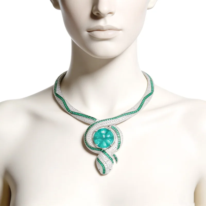 Luxury Snake Shape Necklace for Women Synthetic Paraiba Emerald Cubic Zirconia Pave Choker Necklace for Wedding Party Jewelry