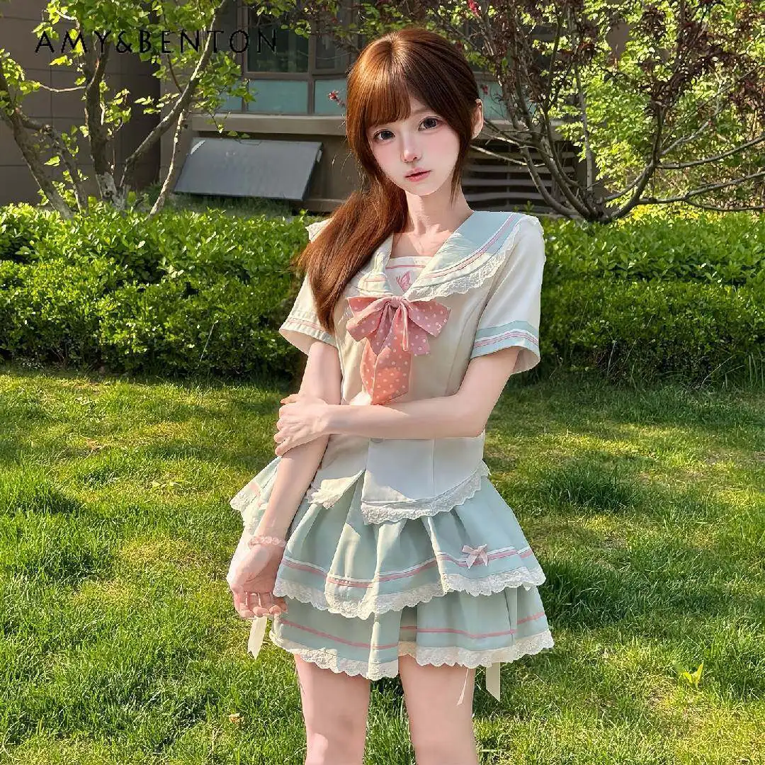 

Big Girls Lace Trim Bow Sailor Jk Uniform Set Mid-to-large Kids 2026 New Summer Short Sleeve Top and Cake Pleated Skirt 2pcs Set