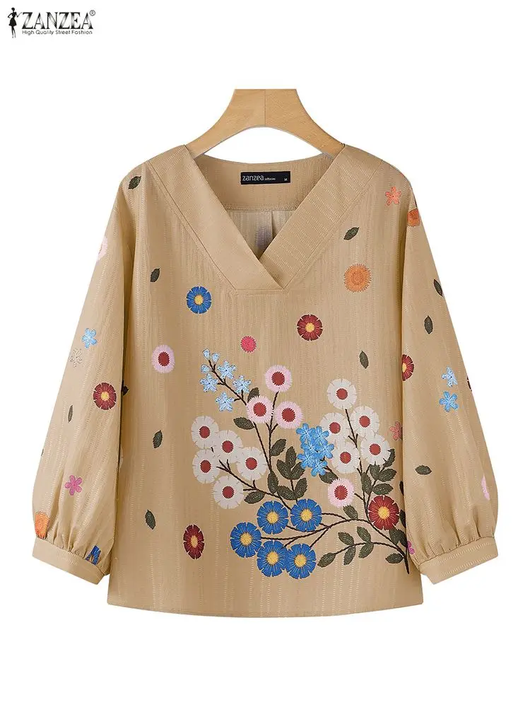 ZANZEA 2025 Fashion Women's Blouse Vintage Floral Print Shirts3/4 Sleeve V-Neck Casual Tops Autumn Famale Loose Clothing Blusas