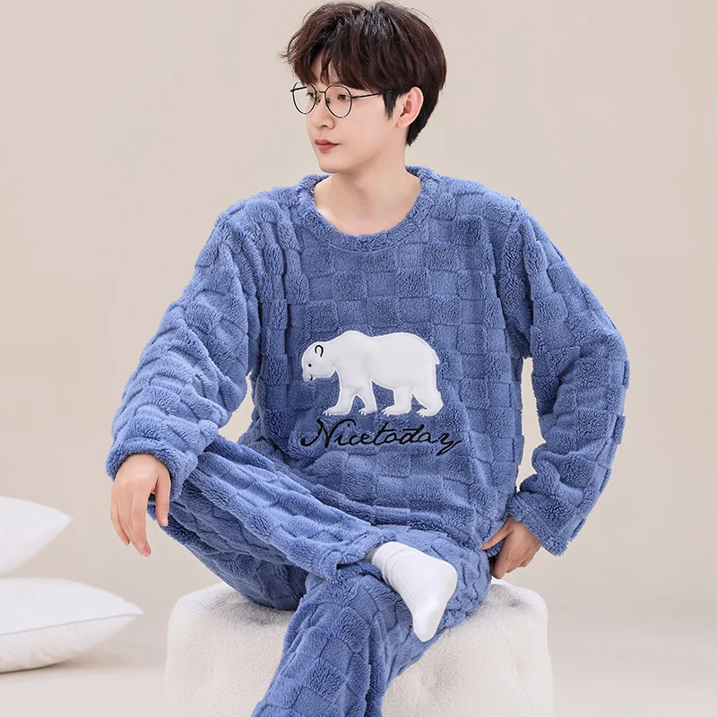 2 Pieces Set Winter Warm Homewear For Male 2024 New Fashion Nightwear Flannel Pajamas Set Young Men Casual Loungewear Dropship