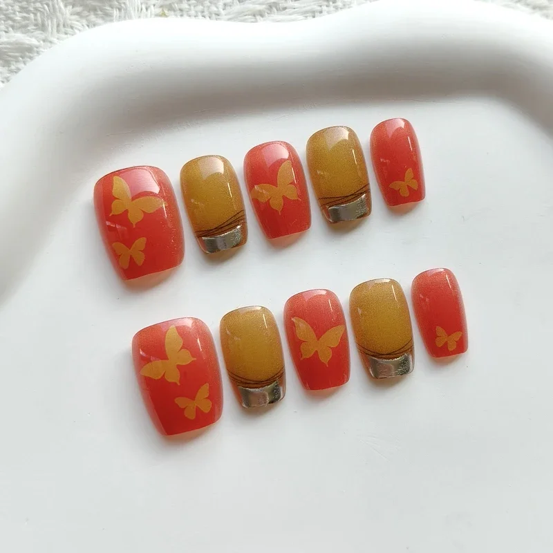 10Pcs French Style Gold Shimmer Butterfly Cat's Eye Black Gold Dark Night Gradient High-End Feel Easy-Matching Press On Nails