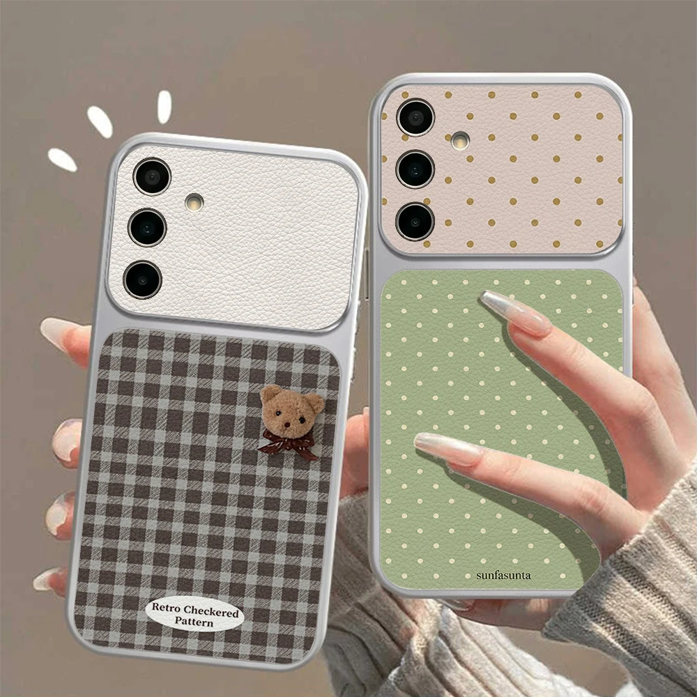 Shockproof Soft Leather Phone Case For Samsung A56 A57 S25 S26 S23 S24 Ultra FE A07 A17 A37 A16 A55 A27 Plaid Bear Lichee Cover