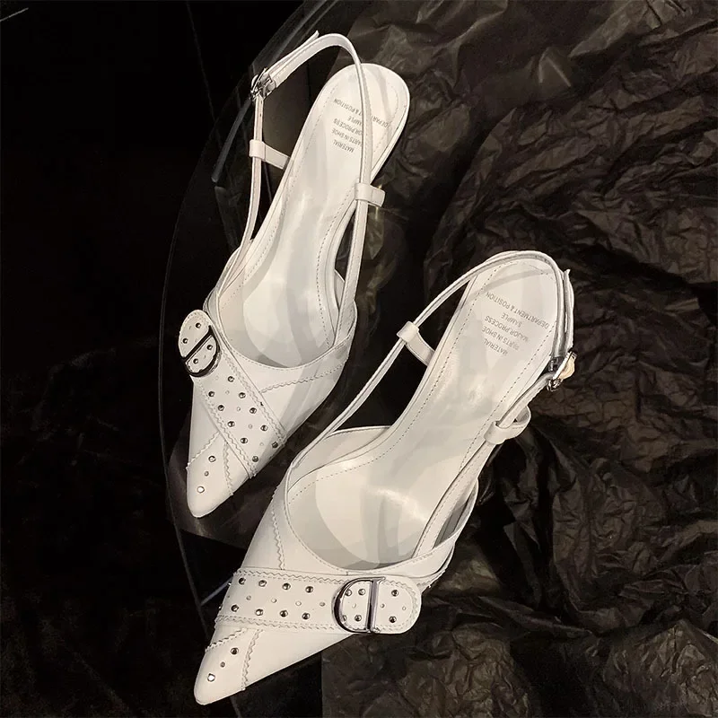 

White Leather Pointed Toe Thin Heel Rivet Sandals Shallow Back Strap Buckle High Heels Women Shoes Sandalias Mujer Verano