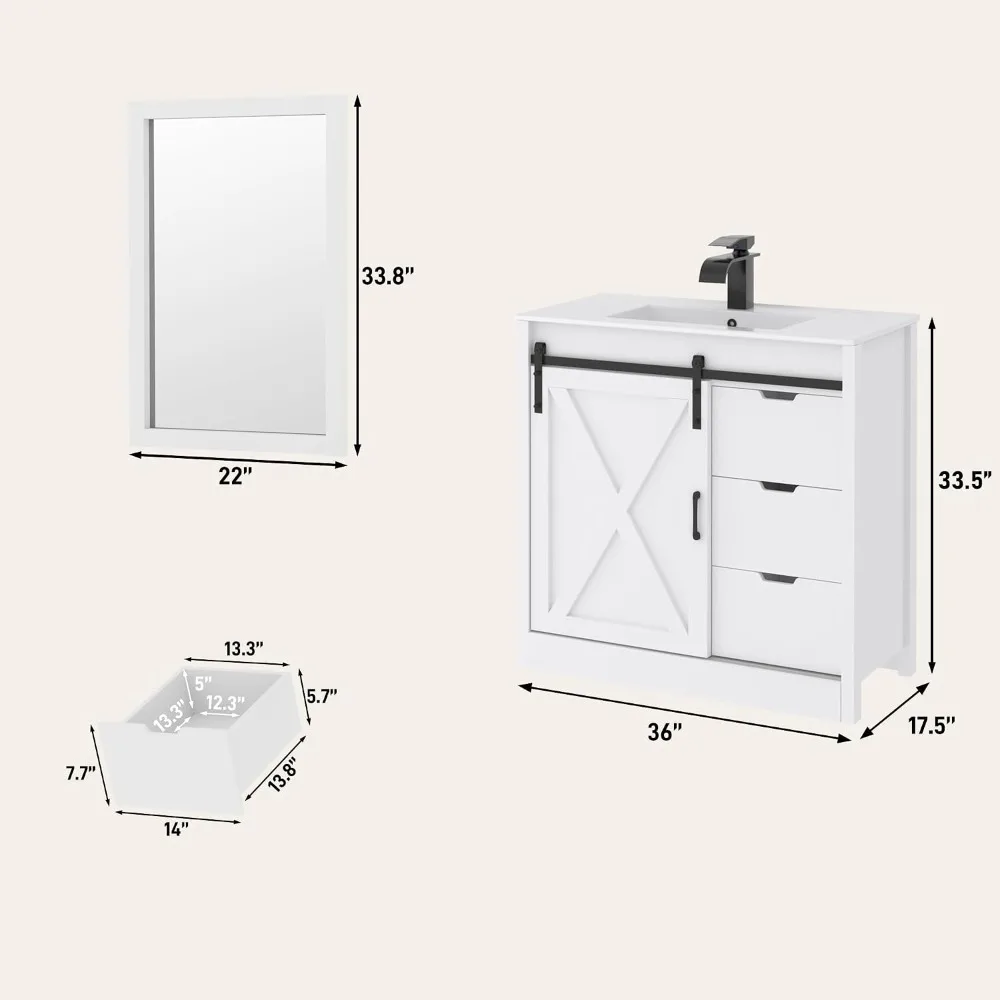 36 Inch Farmhouse Bathroom Vanity with Sink, Faucet and Mirror, White