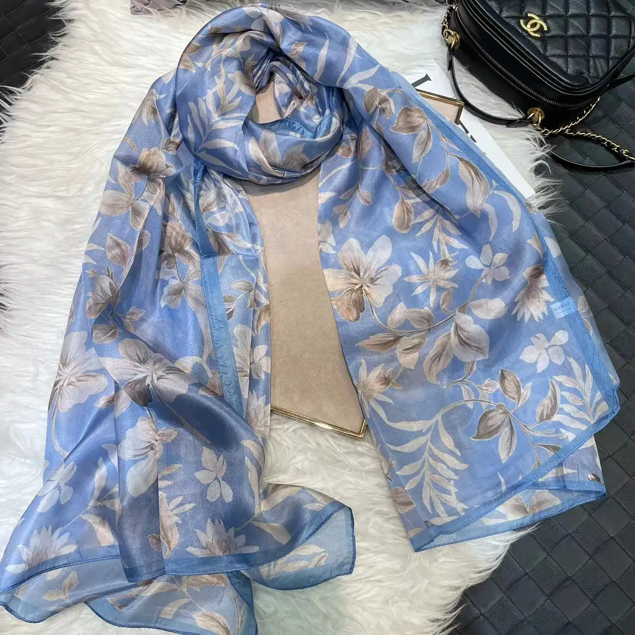 

khaki Blue 100% Silk Silk Scarf Shawl New Elegant Summer Beach Sun Shawl Cover-ups Fall Winter Scarves Headscarves 180*110cm