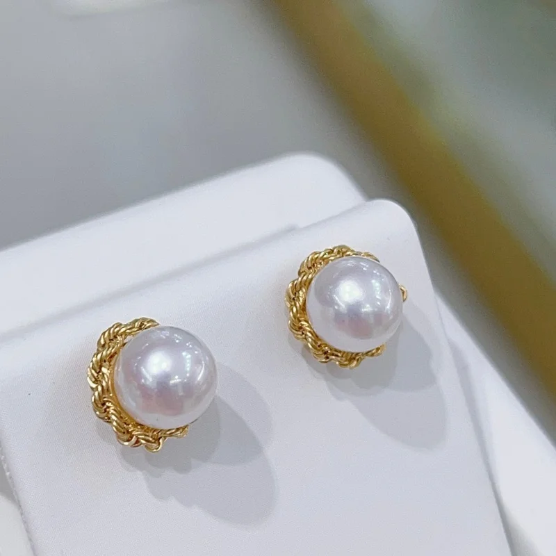 

SGARIT Real 18k Gold Jewelry Natural Pearl Earrings White Freshwater Pearl Set in 18K Gold Earring Set Fine Gift SE70