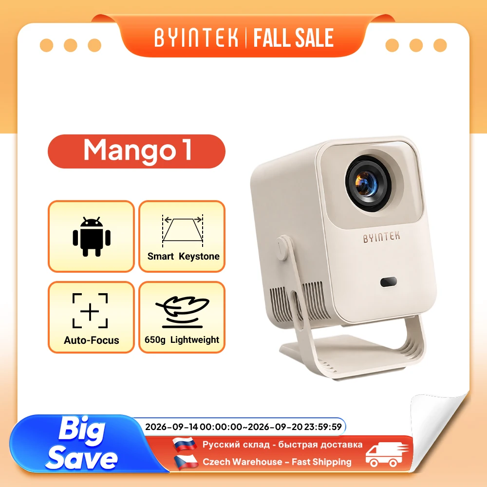 BYINTEK Mango1 4K Projector Compact LCD Projector 1G+8GB WiFi6 Auto Focus Auto Vertical Keystone Home Cinema Screen