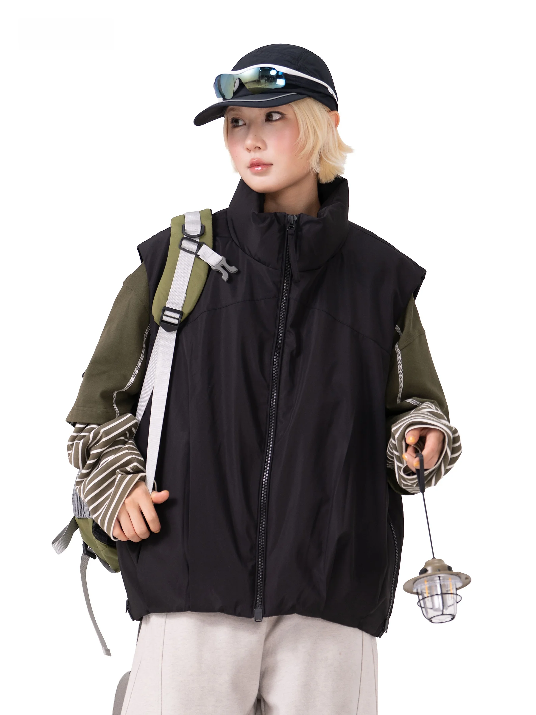 Outdoor Function Men's down Vest White Duck down Loose Warm Stand Collar Zipper Design Fleece Lined Cycling Climbing Camping