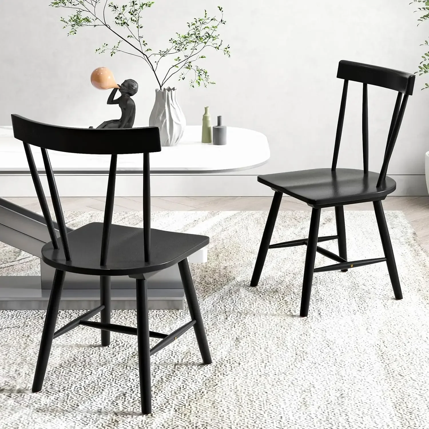Set of 4 Windsor Chairs, Rubber Wood Dining Chairs with Spindle Back, Wide Seats, Anti-Slip Foot Pads,