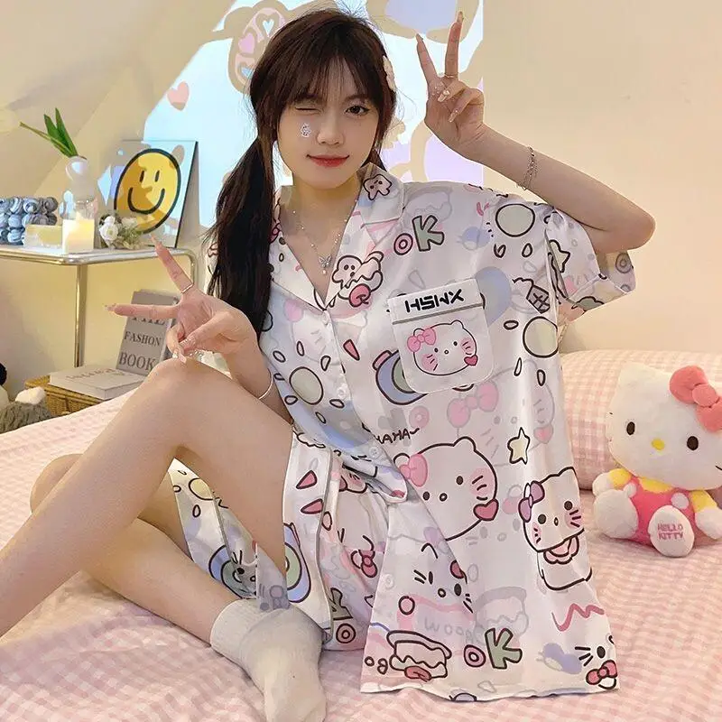 Sanrios Hello Kittys Short Sleeve Shorts Pajama Set Cotton Women Outdoor Wear Cute Cartoon Summer New Japanese Style High Value