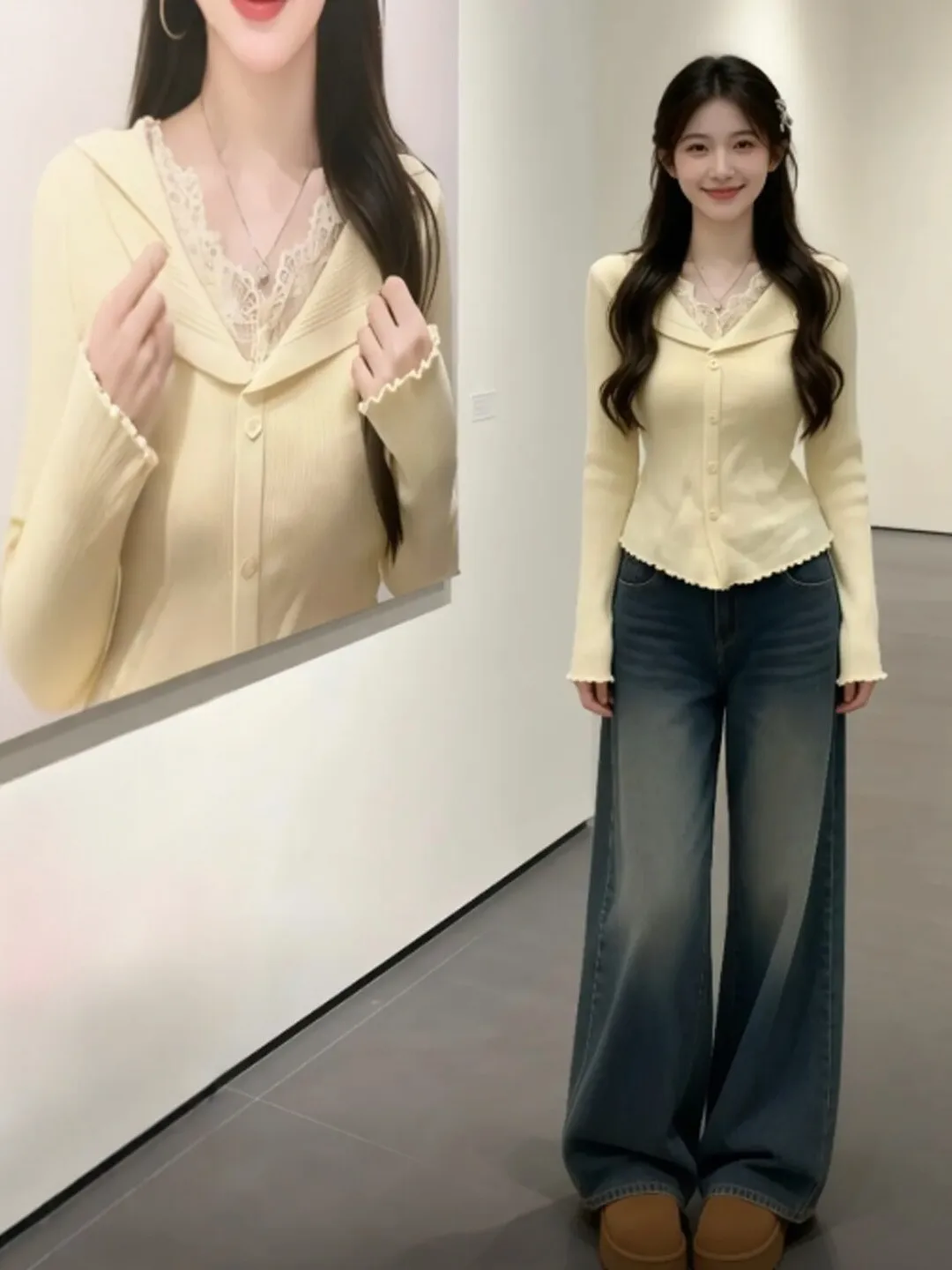 

Мягкий вязаный свитер с уникальным кружевным V-образным вырезом, облегающий, модный, весенний, в корейском стиле, с длинными рукавами, на пуговицах, для женщин