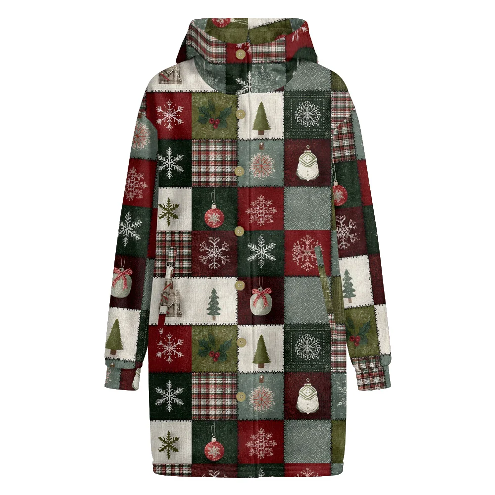 Men Hooded Trench Coat with Multicolor Christmas Trees Snowflakes Festive Long Jacket Vibrant Holiday Pattern Unisex Winter Wear