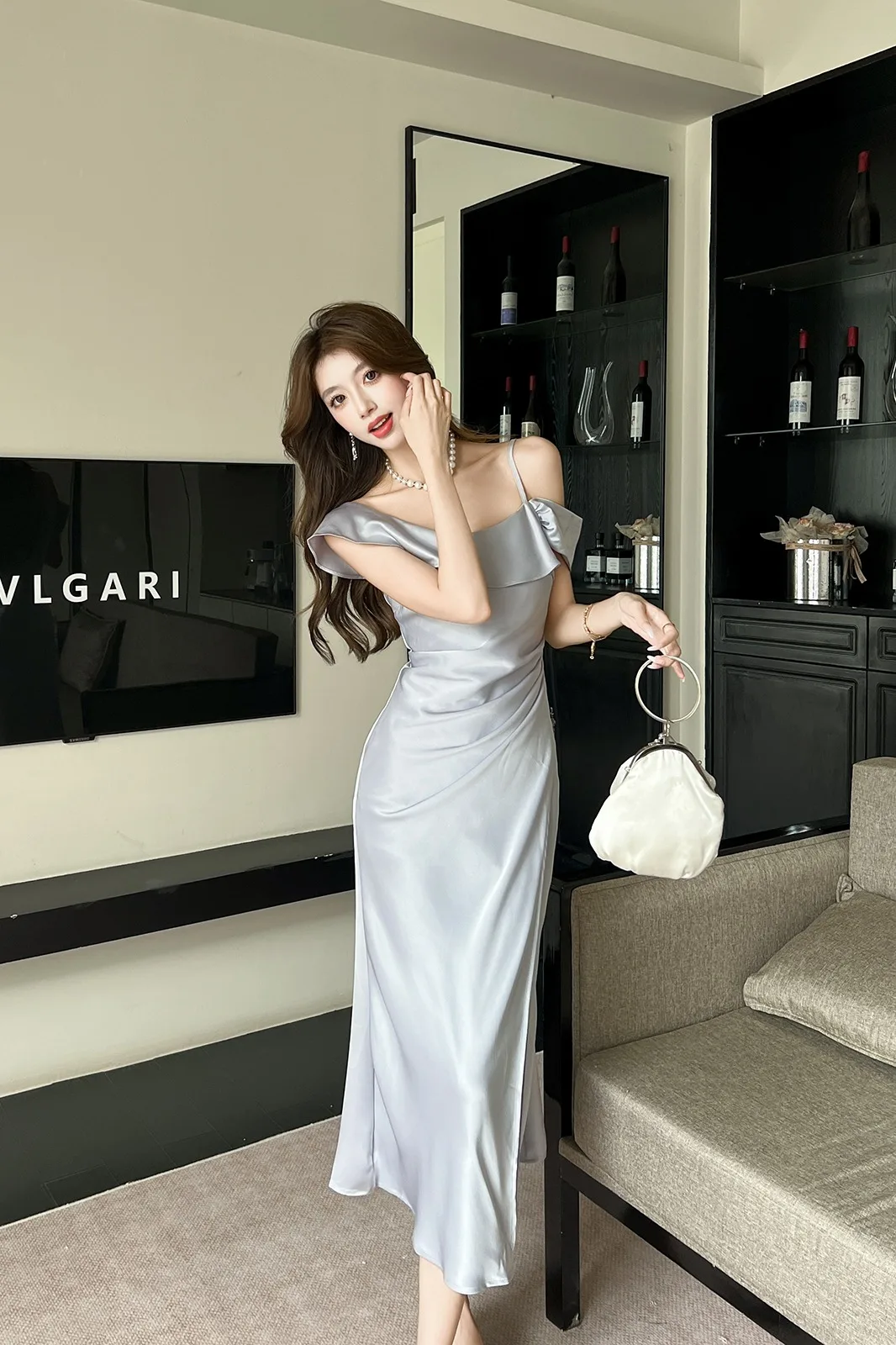 Vestido longo feminino elegante cetim folha de lótus borda uma palavra ombro suspender fora do ombro fino ajuste festa clube