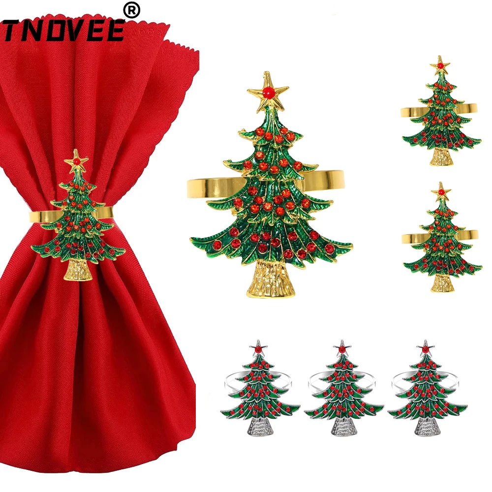 30Pcs Christmas Tree Napkin Rings Red Rhinestone Xmas Tree Napkin Holder Metal Serviette Buckles for Wedding Party Table Decor